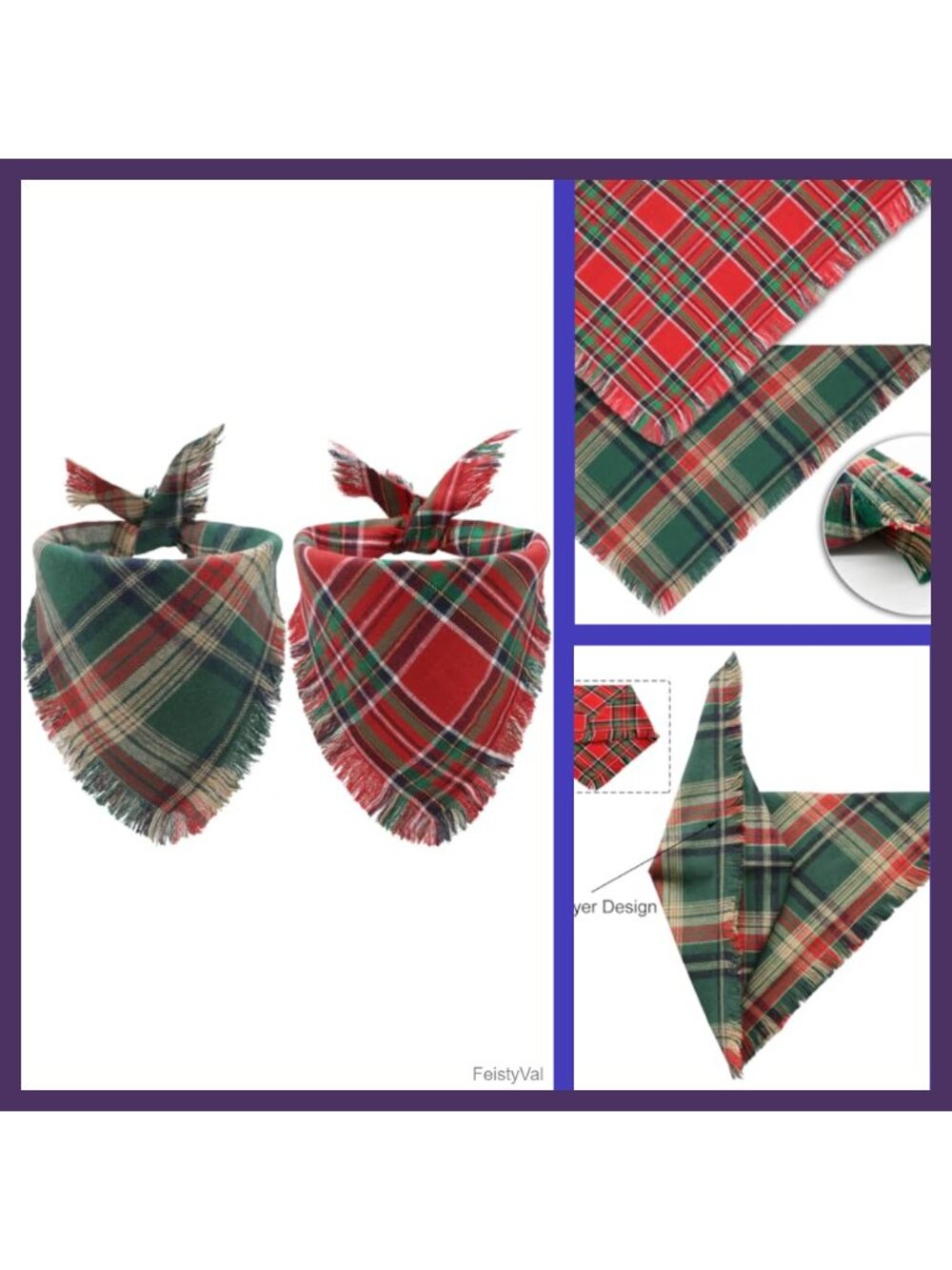 2PCS Plaid Dog Bandanas with Tassels Polyester Cotton Holiday Scarf